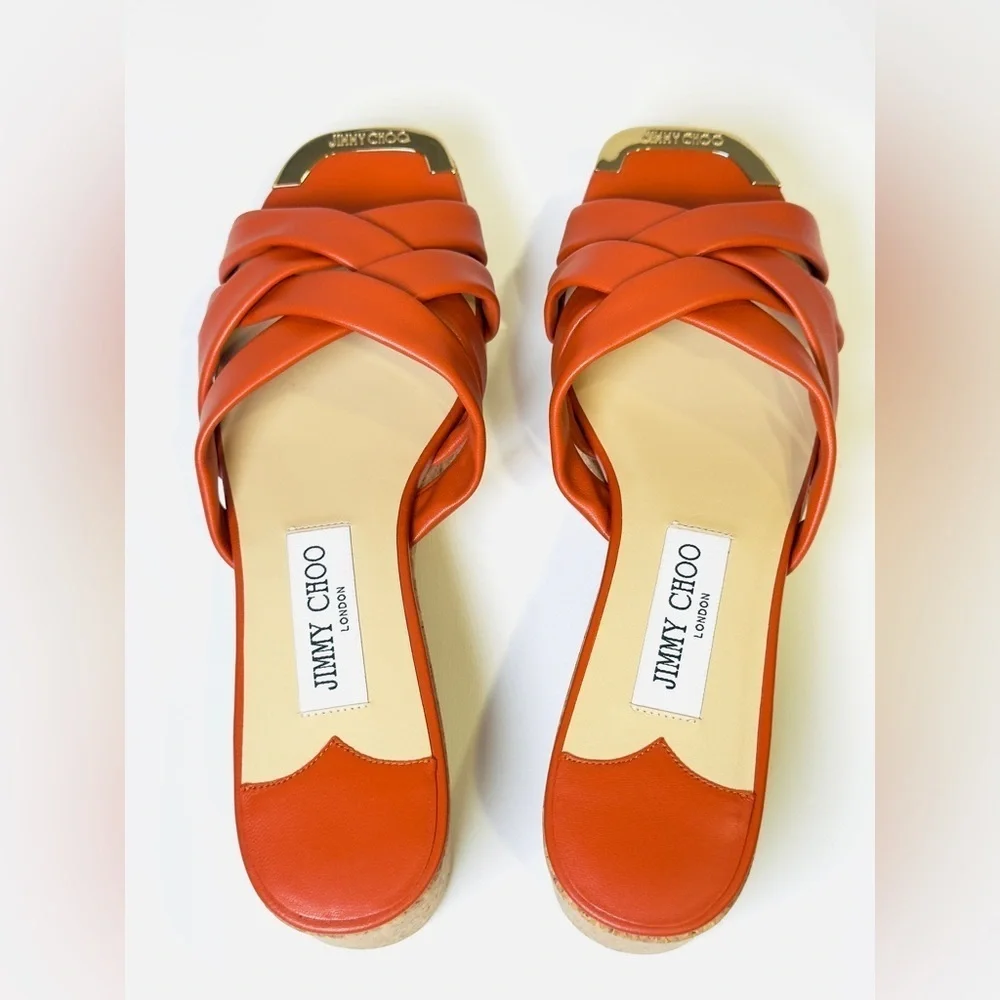 Jimmy Choo Maribou 50 Platform Wedge Slide Sandals Orange Napa Leather Size 38